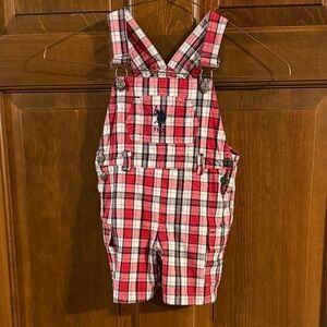 Ralph Lauren US Polo Assn 24 Mo size Madrid red black & white plaid overalls EUC